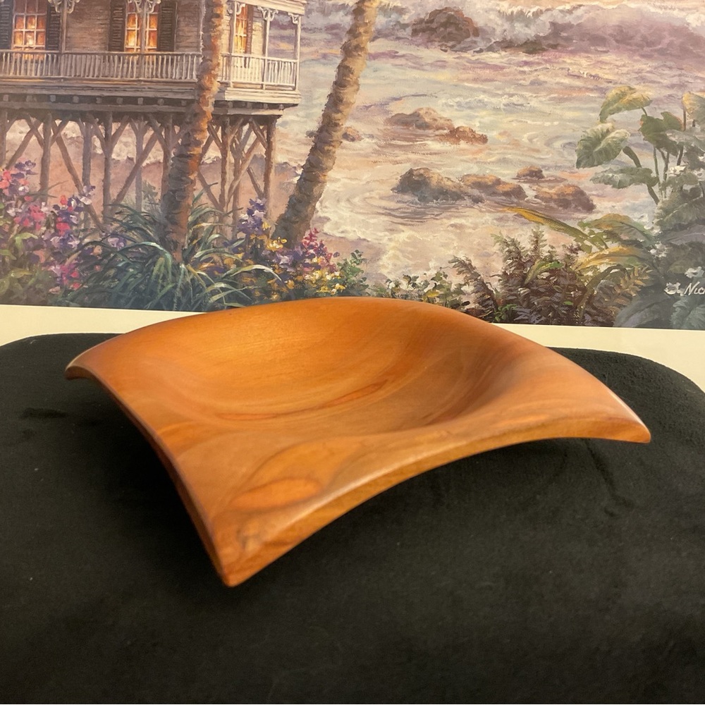 Lovely Handmade Artist Signed Curved Wooden Square Bowl Myrtle Mid Century